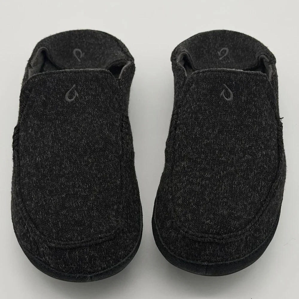 Olukai Moloa Hulu Slippers Mens 10 M Black Gray Wool Slip On Lounge Casual Shoes
